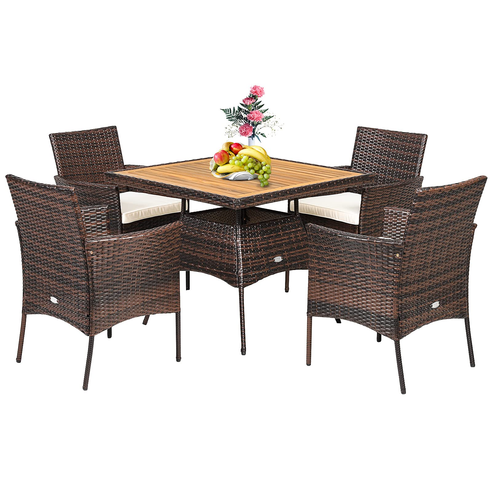 Ensemble de salle à manger Tangkula 5 pièces en osier, mobilier de salle à manger extérieur en bois d'acacia avec 4 chaises à accoudoirs et 1 table à manger
